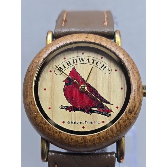 Natures Time Birdwatch Cardinal Wood Look Bezel Brown Leather Quartz New Battery - Picture 4 of 12